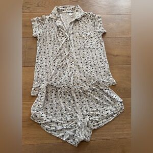 Eberjey Cream Short-Sleeve Button Pajama Set with Navy Floral Print
